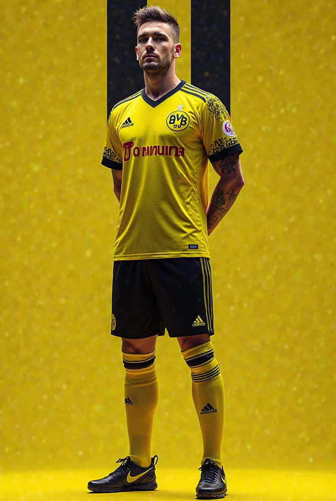 Create dortmund FC's 2023/24 away black Jersey with Nss logo indtead of team logo