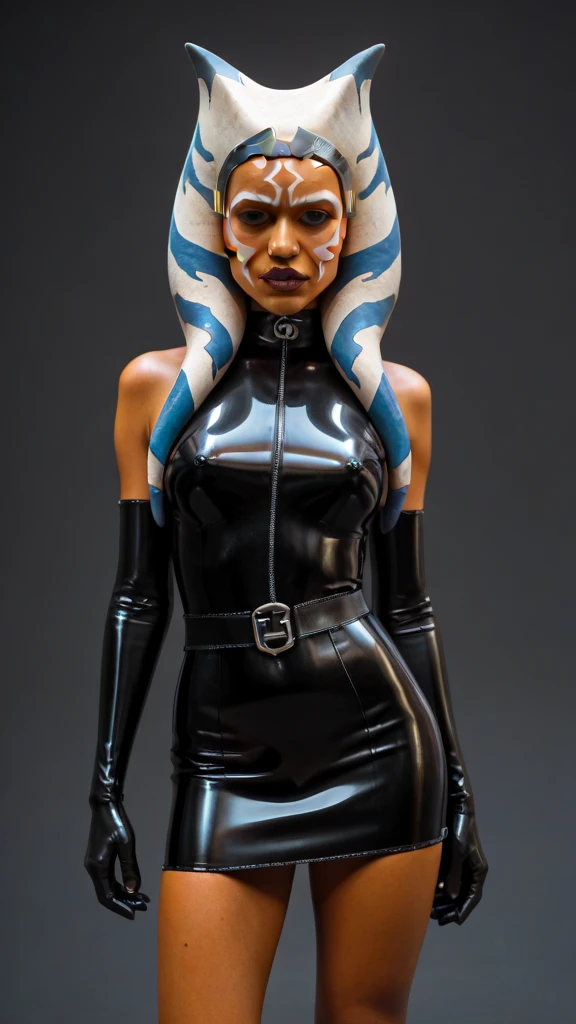 score_9, score_8_up, score_7_up, score_6_up, score_5_up, score_4_up, AhsokaTanoXL, red eyes, tentacle hair, orange skin, futa, colored skin, facial mark, large breasts, black latex catsuit, black high heeled thigh high boots, operagloves, solo, standing, , focus face, big breasts, slurty, looking at viewer, indoors