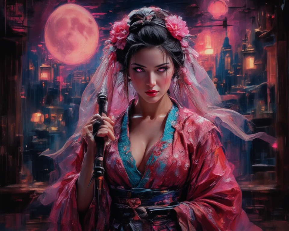 hyperrealistic, photo, masterpiece, stunning, best quality,
Full potrait fighting ready stance Samurai kimono sakura princess. Glowing eyes, bridal veil, see through, blade princess, sakura pink moon, dark theme, high pink contrast, dramatic
perfect lighting, professional, high contrast, bright colors, intricate details, (high quality texture), (sharp), (artistic image), 8K, highly detailed, fantasy, vivid, rich details,