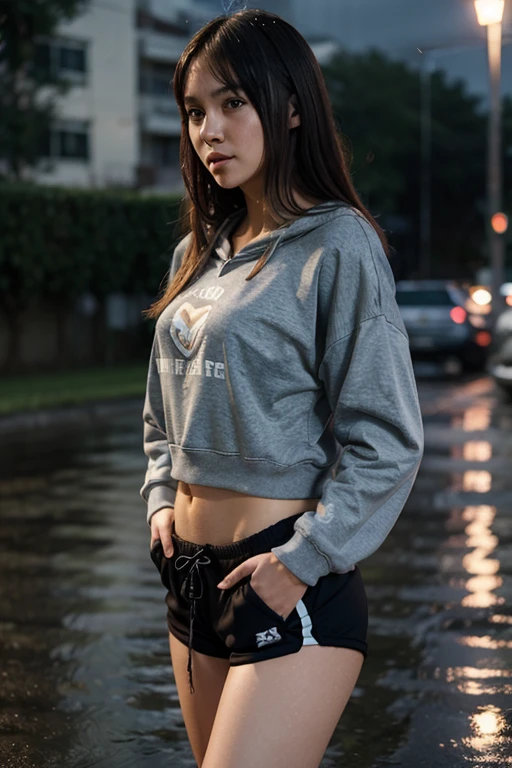 (HD photo:1.3), best quality, ultra detailed, 8k, 18 year old girl, pretty, (long dark hair), detailed eyes, (large breasts:1.2), (wearing grey sweatshirt), sitting on bridge, rain