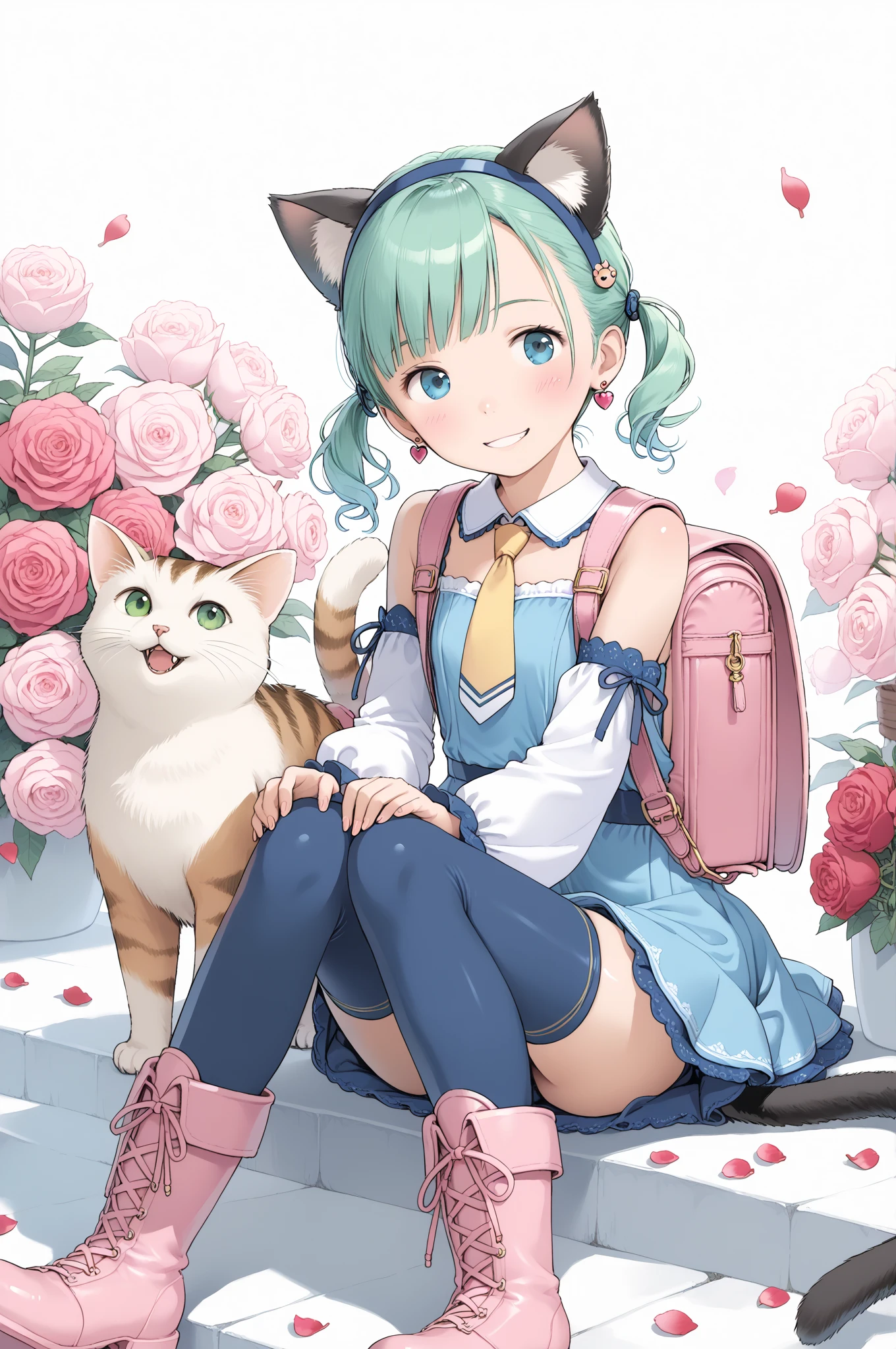 masterpiece, best quality, novel illustration, highres, 18+ mature content, sensual, intimate, emotional, passionate, romantic, sweet, endearing, innocent, pure, captivating, alluring, enticing, mysterious, enchanting, captivating, immersive, mesmerizing, dreamlike, surreal, imaginative, whimsical, artistic, avant-garde, timeless, elegant, sophisticated, chic, refined, unique, original, mesmerizing,1girl,deltamon_beta, solo, blue eyes, thighhighs, animal ears, bare shoulders, blue tail, earrings,detached sleeves, green hair, sleeveless, cat ears, bag, white thighhighs, cat tail,pink backpack,pink randseru,Lavender Lace: A lavender lace dress with a Peter Pan collar, paired with ivory tights and Mary Jane shoes.,Cherry blossom viewing, Azalea, Satsuki, Azalea blizzard,
Rest ((Avoided by ((kitten)), crying face))