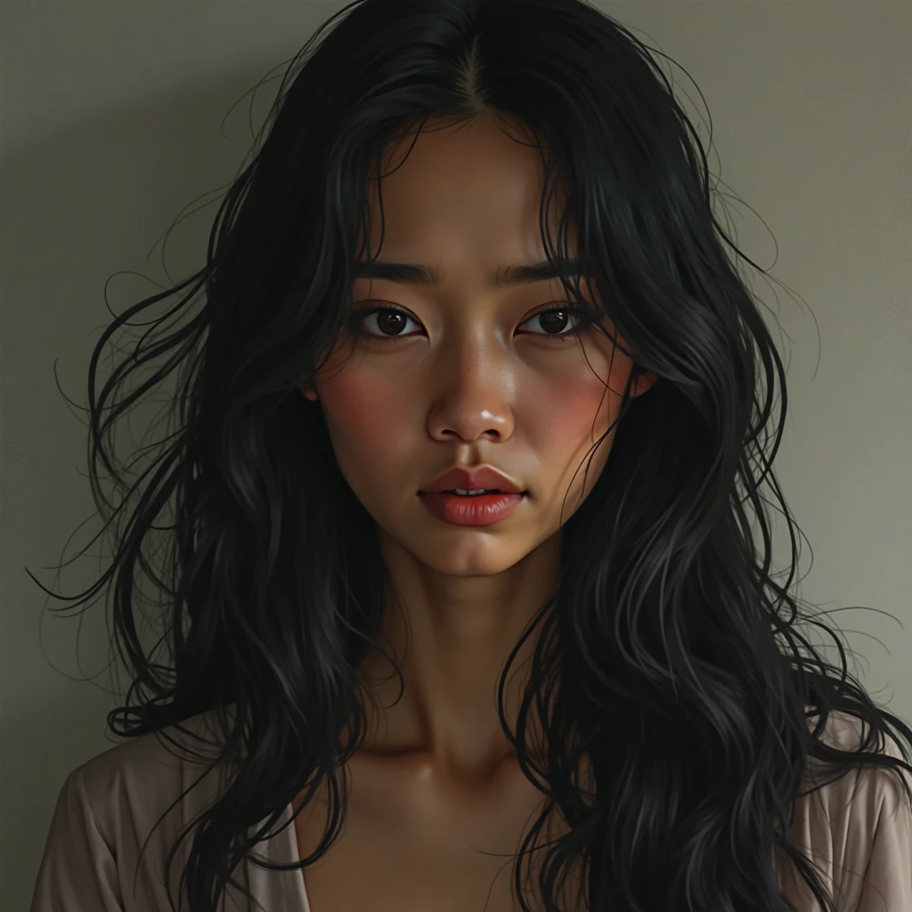 MAKE A PICTURE OF AN INDONESIAN WOMAN WHO IS SAD STARING WITH A SAD LOOK


