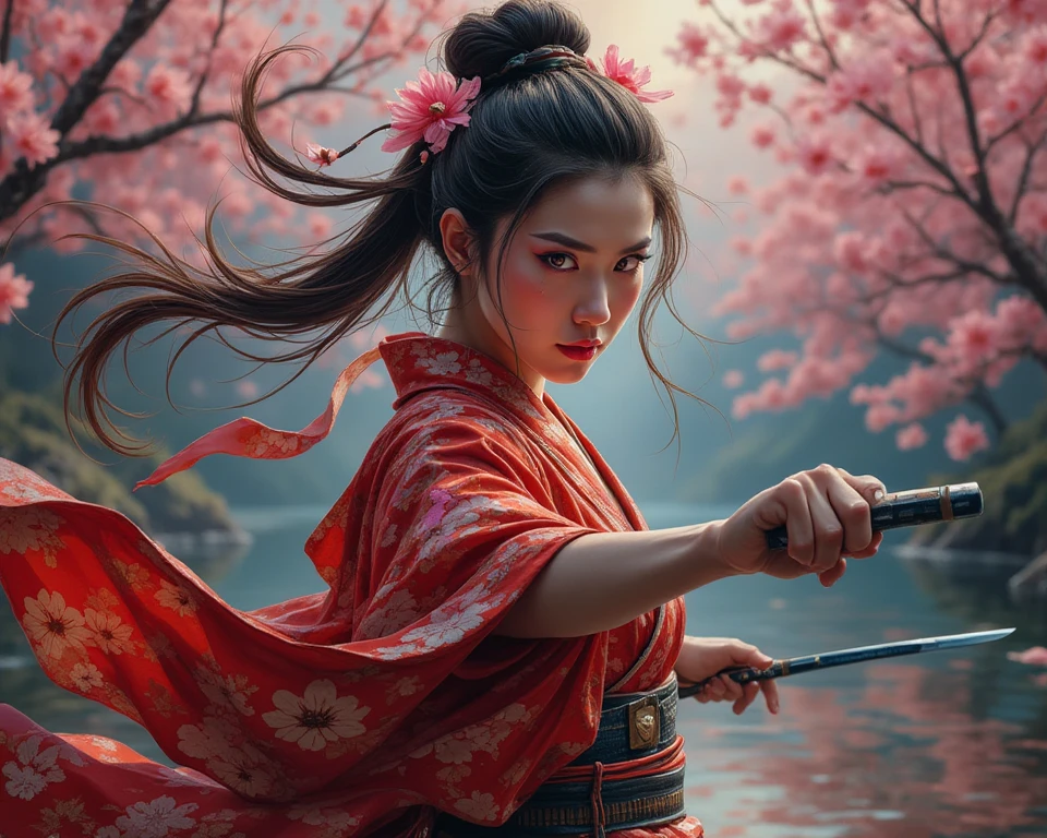 hyperrealistic, photo, masterpiece, stunning, best quality, full portrait, fighting ready stance, samurai kimono, sakura princess, glowing eyes, bridaa highly detailed, hyperrealistic, full-length portrait of a fierce samurai princess in a fighting ready stance, wearing an ornate sakura-patterned kimono, with glowing eyes, 8k, ultra-detailed, masterpiece, photorealistic, HDR, physically-based rendering, vivid colors, dramatic lighting, intricate textures, cinematic composition, digital art