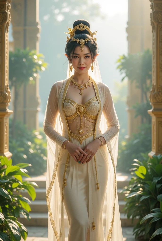 Myanmar queen [wearing gold and white thin Longyi and Htaingmathein, the burmese royal thin white coat which is cornered with the gold, Burmese royal gold ancient headband with gold flower] is standing seductively in the heavenly garden which is surrounded by cloud in the heavenly palace, [top knot her black hair] [heavenly][milf][beautiful ratio body][perfect body]