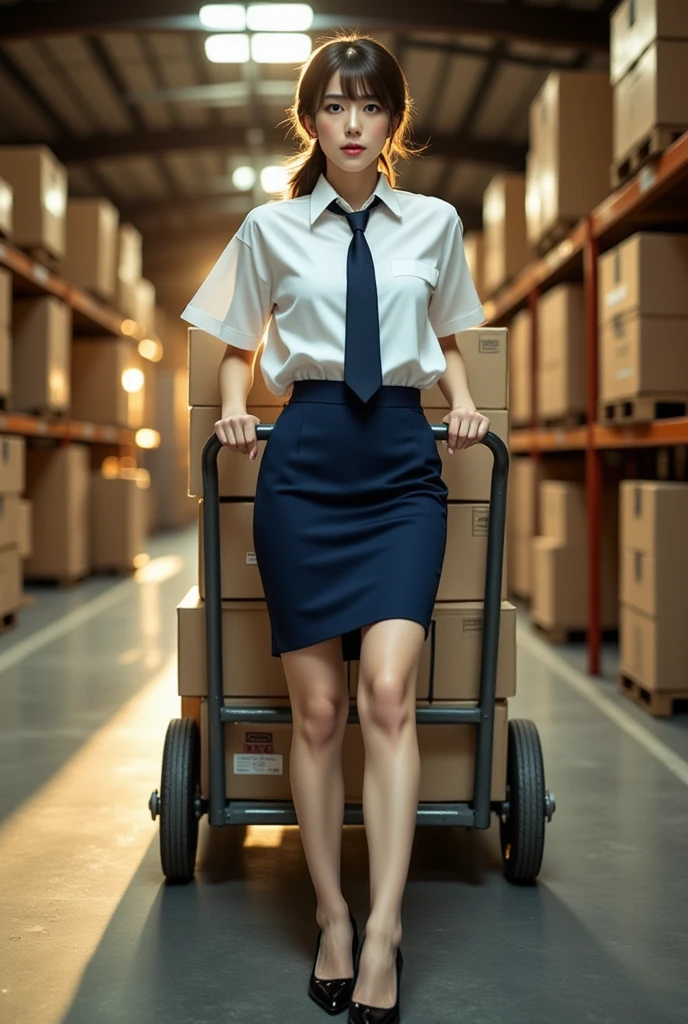 create an anime picture, a beautiful woman 50 years old (blonde hair) (glasses), drives a forklift(detailed), laughs, in the background poland