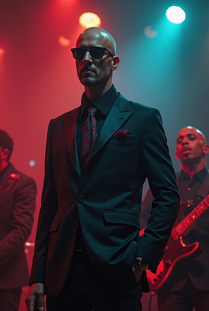 A singer on a stage with his other musicians next door in a nightclub singing the singer wears a black suit with a scarf inside his jacket and is bald and wears dark sunglasses while singing 