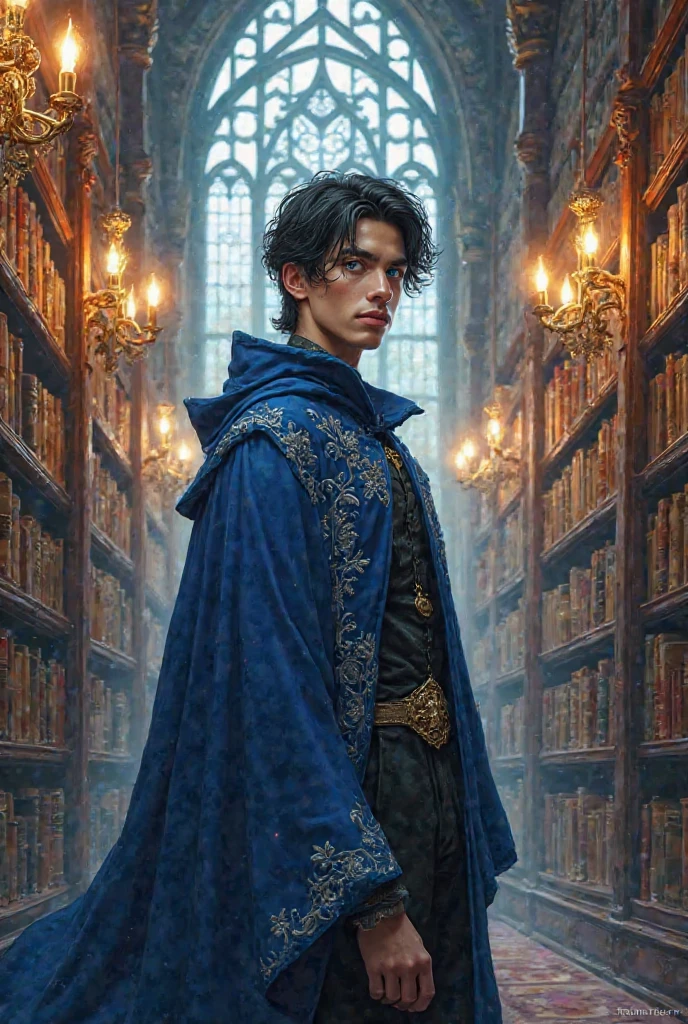 Illustration of a human man with medium tall black hair, fair skin and electric blue eyes, who is dressed as a blue and silver school wizard in the middle of a library.