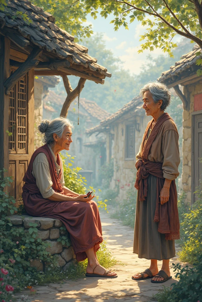 Elderly woman smiling wisely, speaking to man near well, gentle breeze, calm mood, animated village setting
