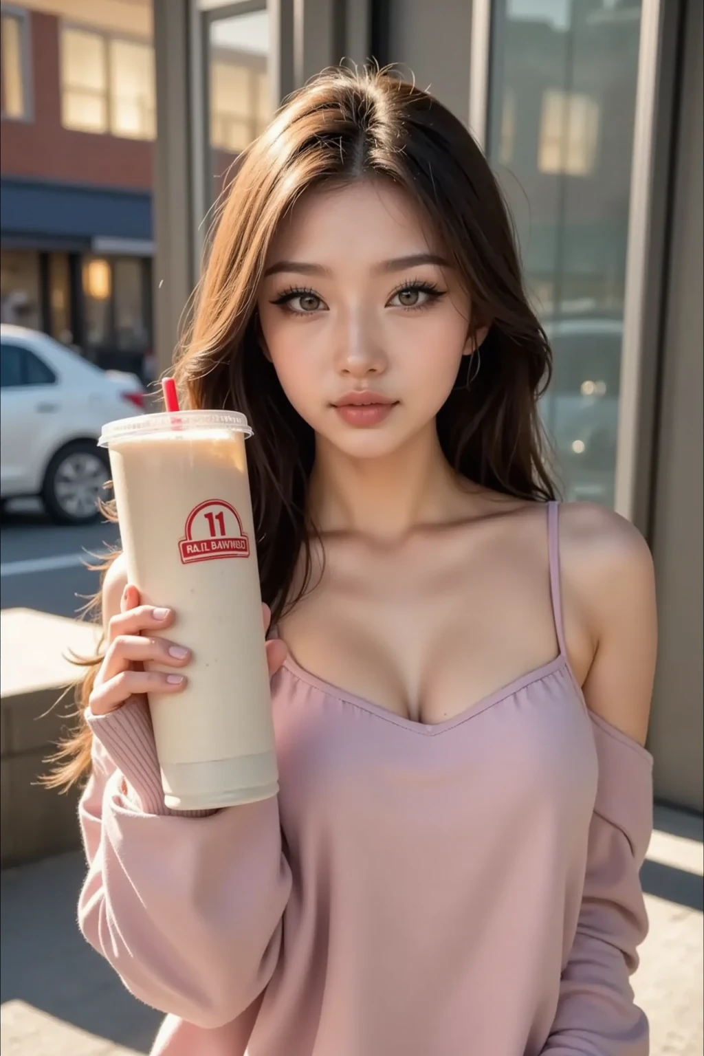 ((best quality, 8k, masterpiece :1.3)), (sharp focus :1.2, Beautiful woman with perfect body :1.4, slim abs :1.2), ((big bust, emphasize division:1.3)), (Photorealistic:1.4), (realistic:1.4), (long straight hair, light brown hair:1.5), Highly detailed face and skin texture, fine particles, double eyelid. makeup face, a little lipstick, Sex appeal, sexy etching pose, ((White lace camisole and denim miniskirt、Cafeteria in the background、She poses with her camisole down, exposing her shoulders, and holding a coffee cup......。:1.3)
