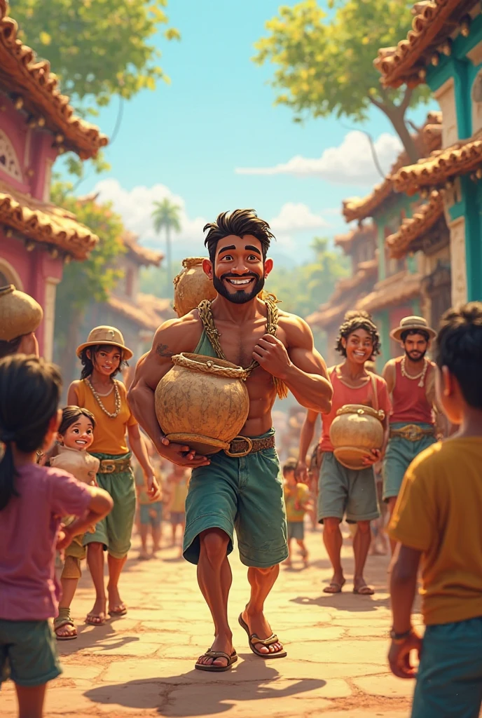 In cinematic 3D Cartoon style "Pond being dug by Ramu, with visible effort and progress.
   - Village people standing around the pond, some engaging in light-hearted teasing.