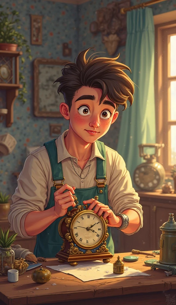 Ek 25 sal ke ladke ki image jisko purani ghadi milati Hai uske Ghar per image cartoon type ful HD aur vah ghadi ko saaf kar raha hai