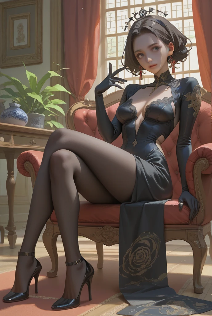 20 year old women、Black full body suit、attraction、Laughter、Nightmare、sitting、raises his hand
