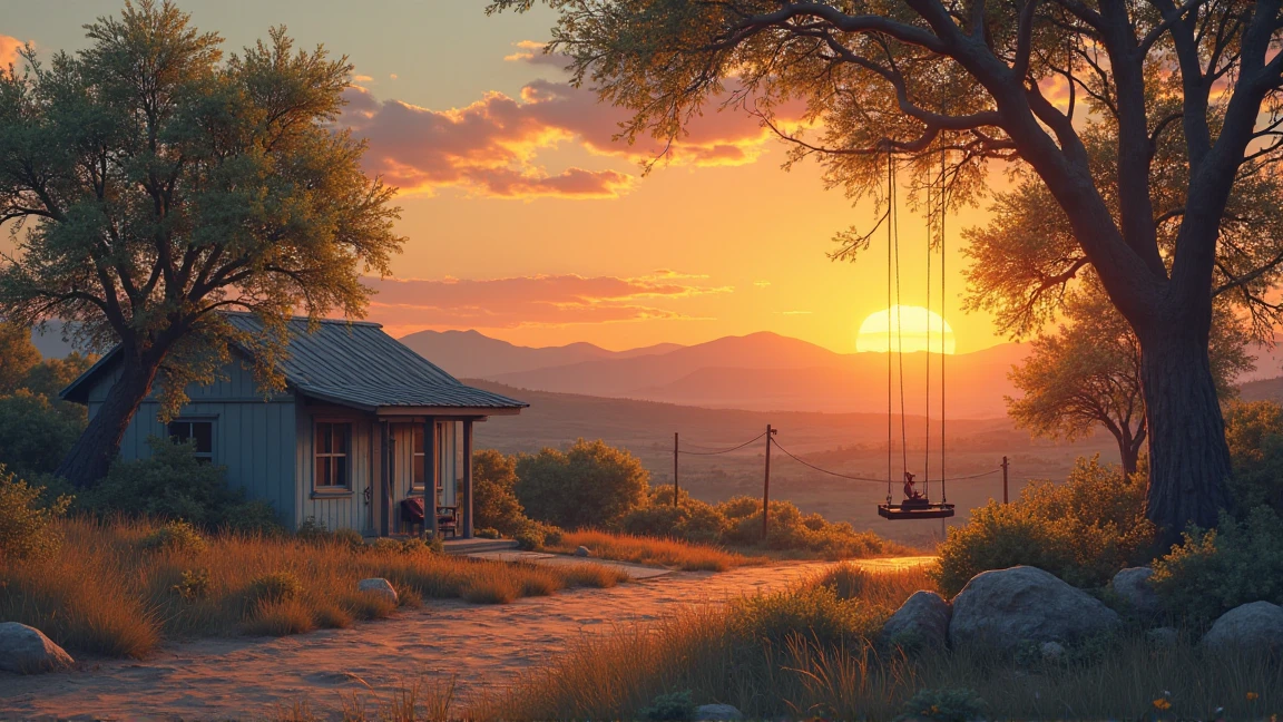 Southwestern America
「small town residential area、House with low sunset々and trees 々Dye it red。The sun sets on a hill in the distance and shines like burning in the sky。There are no cars on a quiet street、Only swings in the wind。Reminiscent of a melancholy melody of blues、Nostalgic and sad scenery。」