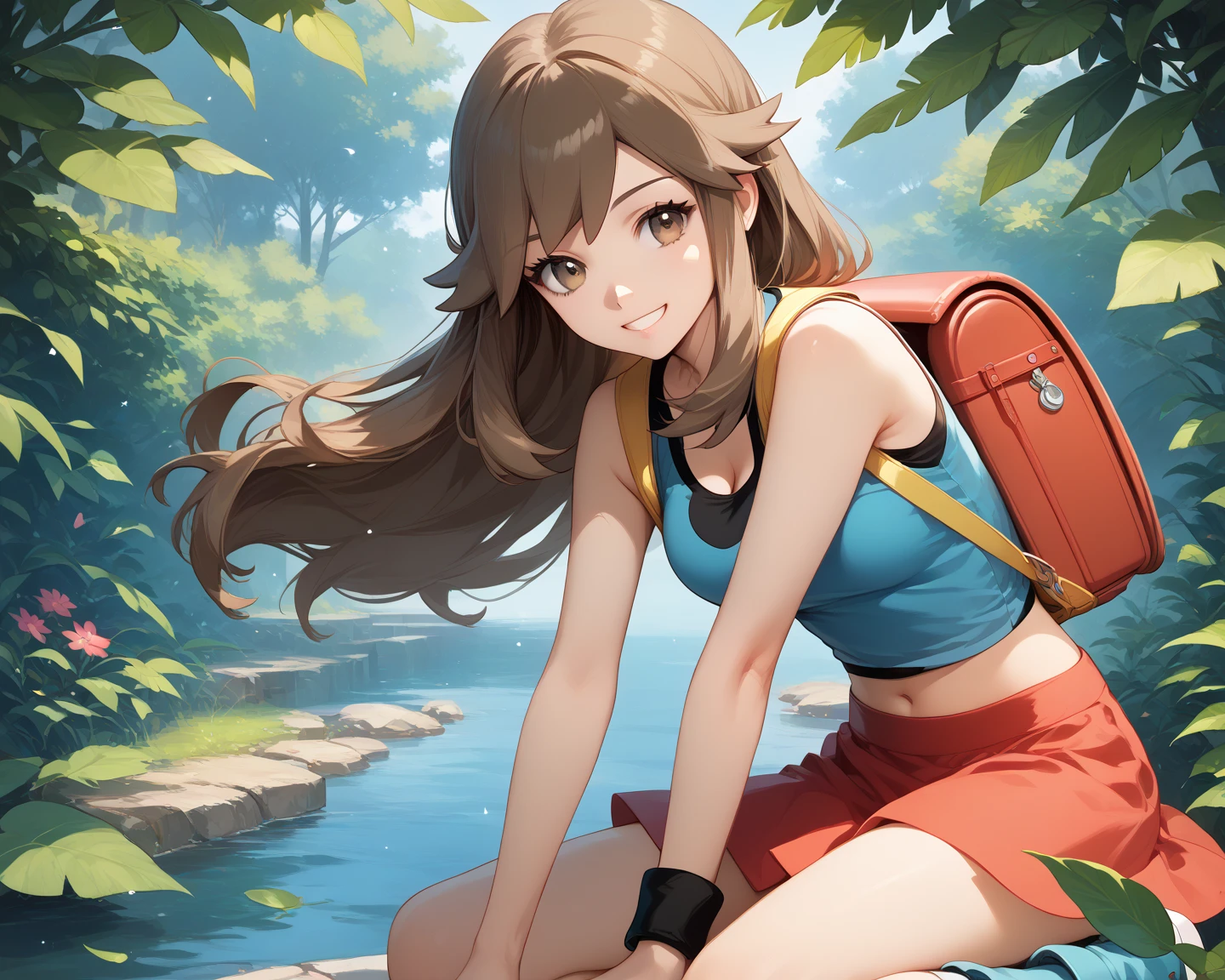 score_9, score_8_up, score_7_up, score_6_up, source_anime, anime, masterpiece, best quality, ????, solo, BREAK 1girl, zzleaf, leaf (pokemon) brown eyes, brown hair, long hair, blue shirt, navel, midriff, sleeveless, cleavage, wristband, red skirt, white socks, boots, uncensored, posing, smile, backpack BREAK outdoor