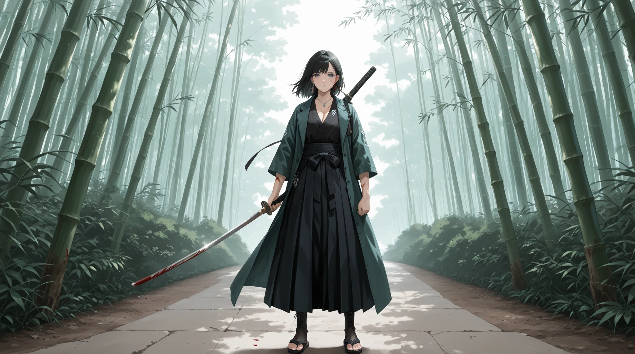 anime style, hkwarrior, animetoreal, PEAnimeBG, Background, anime, scenery, fantasy, (8k), (Ultra Quality)、(Super Detail)、(beautiful)、(masterpiece)、(top quality), (1 girl:1.2, solo), multiple enemies,
One girl is fighting、 she has a sword in her hand 、she is wielding a sword、She has a gun in her hand、She shoots bullets、She fires a gun、holding sword, holding gun, battle stance, revolver, magnum, katana, One sword,
she is Japanese、She is young、She is a samurai、 she is petite , She's thin ,
BREAK
She has a scar on her face、she has a burn on her face There are marks、scar on face, burn scar on face, whole body mole, mole on the face,
she is beautiful、she has a neutral face、She has a female face、(heterochromia:1.2),
she has long lashes、she has long thin eyebrows, eyelashes, 
 cleavage, She is wearing a uniform、she is in a hakama、she wears sandals、she wears earrings、she has a feather pendant, open coat,
In the bamboo grove、pack of wolves、Blood droplets、 Return Blood、Desolate Streets、 clothes with blood 、Bloody sword、The Sword of Extraction、Sword scabbard