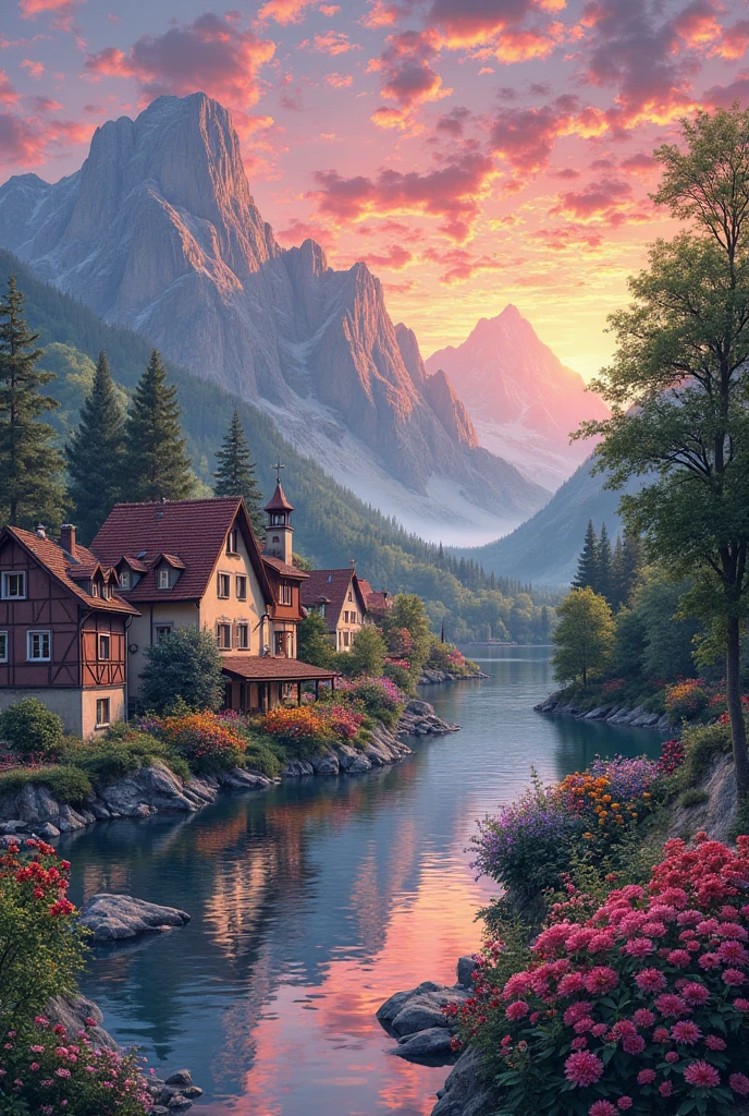 A small village by the river, color of the mountain in the background, colorful flower flowers, detailed landscape, beautiful natural scenery, atmospheric lighting, scorching sunset, warm colors, Practical, фотоPractical, detailed foliage, complex buildings, paved street, charming country house, swirl bright colors, lush vegetation, reflections on water, picturesque, idyllic, artwork, the best quality, 8k, very detailed, anime styling
