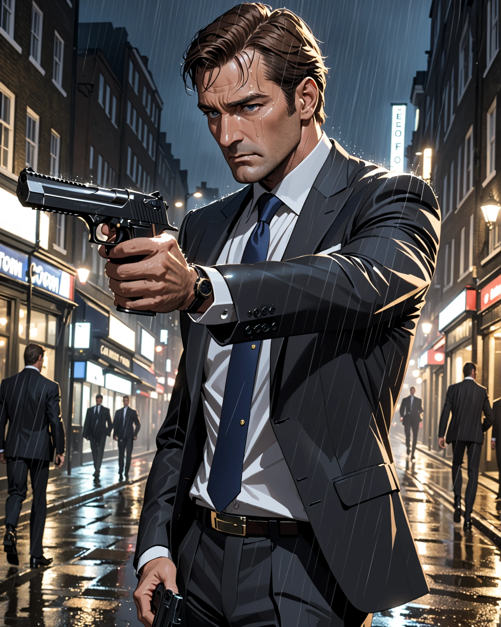 masterpiece, best quality, absurdres, highres, newest, 1male, thirty year-old age male, solo, male focus, brown hair, combed back hair, gray eyes, stern expression, loosely inspired by Robert McCall from the Equalizer, loosely inspired by Clive Owen, loosely inspired by Roger Moore, loosely inspired by Harry Callahan, dark blue Tom Ford-tailored, formal suit and tie, matching slacks, black formal shoes, perfect anatomy, standing, peflect hands, (aiming a pistol, deagle, trigger discipline), London street background, rain, intense atmosphere, dutch angle, cinematic lighting, hand in pocket