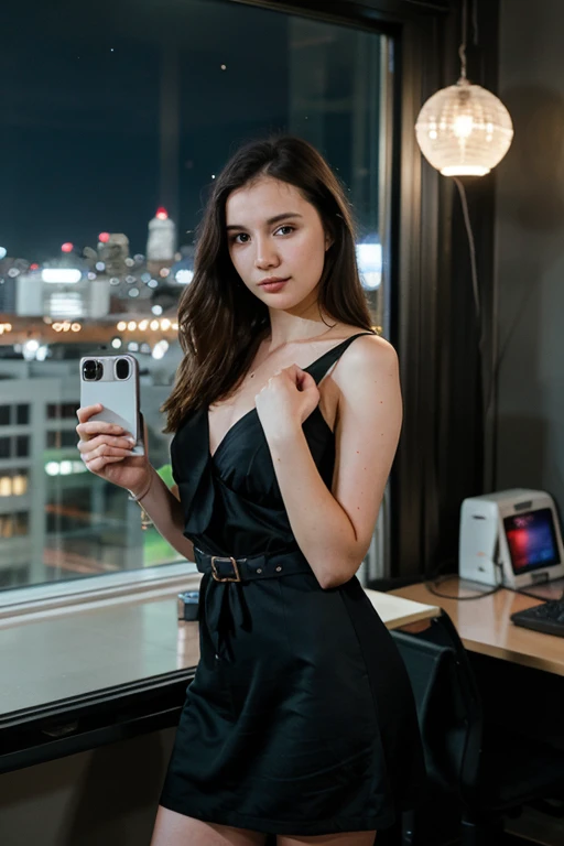 A stunning woman tightly holding a black iPhone Pro Max. with radiant skin and a charming smile. She wears a white bodycon dress that highlights her curves in an elegant and sophisticated way.