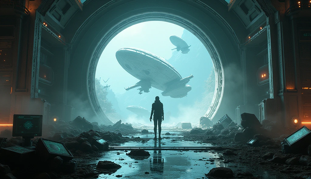 A sprawling alien command center—sleek, futuristic, bathed in sterile blue light—sits eerily dark and abandoned. Screens are shattered, alarms frozen mid-warning, alien symbols blinking with static. In the foreground: a lone human operative, standing in the wreckage, silhouetted against a massive viewing window showing Earth in the distance. Behind them, traces of a silent assault—burn marks, breached walls, toppled alien guards. Outside, parts of the alien fleet drift powerless, lights out. The atmosphere is heavy with mystery, vengeance, and silent triumph. Realistic textures, deep shadows, cinematic lighting, and a subtle sense of poetic justice.

