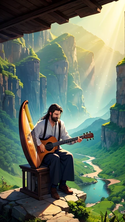 Anime-style illustration of a 32-year-old man sitting on a high mountain ledge at sunset. He has medium-length dark hair, a full short boxed beard with a connected mustache, and is wearing calm, ancient white linen garments (not blowing in the wind). The man is playing a 10-string old-world harp (similar to David’s harp), holding it gently in his hands while worshipping God with deep emotion. Golden rays of sunlight break through the clouds above, shining directly on him. In the lush green valley below, a sparkling river flows — the river of life described in Revelation 22, coming from the throne of God in the New Jerusalem. The scene is majestic, spiritual, peaceful, and cinematic, with rich anime-style detailing, soft lighting, and warm colors.