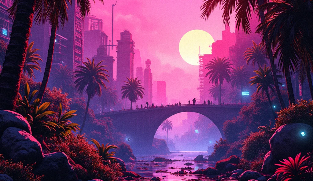 A digital art illustration of a hidden oasis in a cyberpunk cityscape, bathed in a vibrant pink and purple gradient light. The oasis is a lush, vibrant haven amidst the decaying urban landscape, with exotic plants and animals thriving in its midst. The air is thick with a nostalgic, vaporwave-infused haze, and glitch effects distort the edges of the scene, adding a retro, otherworldly touch. The illustration is rendered in a dreamlike, fantastical style, capturing the beauty and wonder of this hidden sanctuary