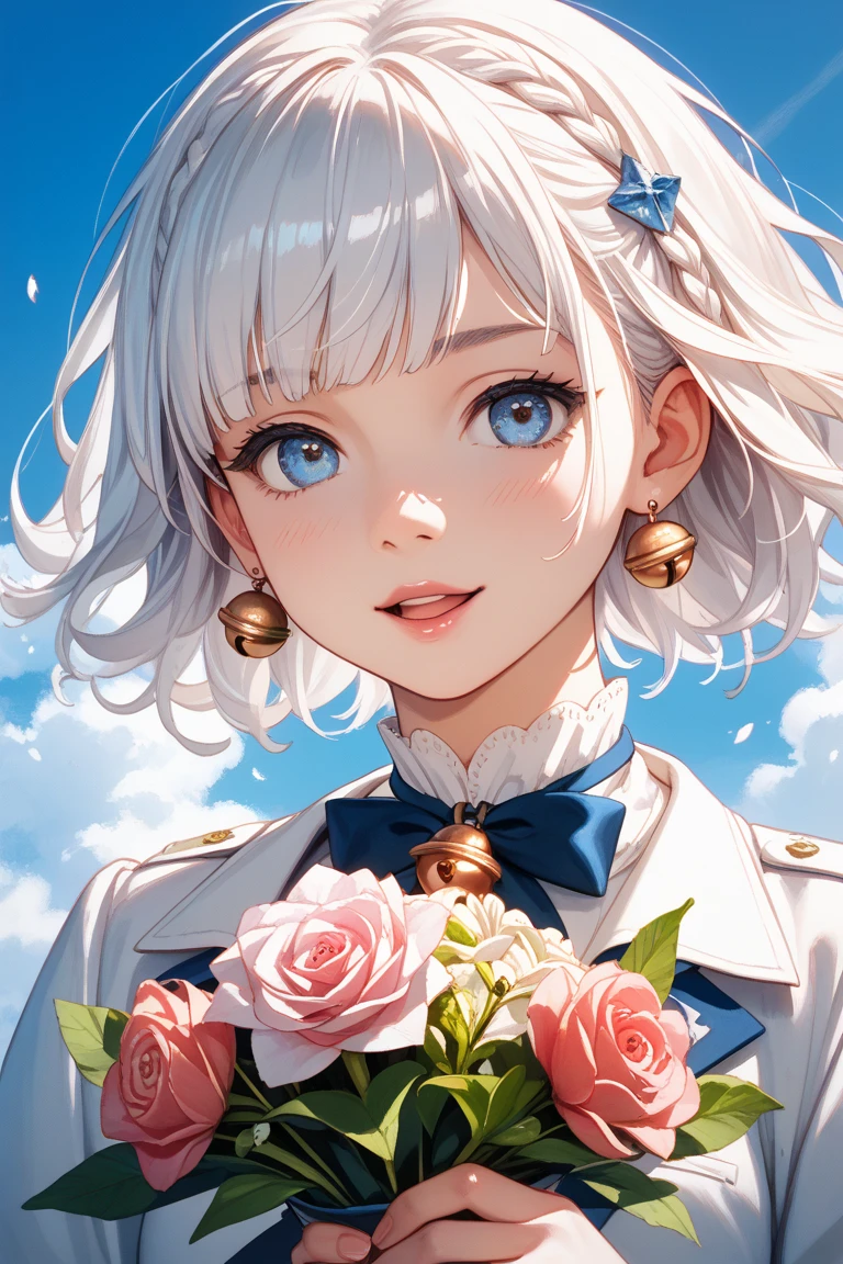 (watercolor:0.6),(Pastel 0.4),(realistic:0),ap_deltamon,girl is holding a bouquet of bell orchids and looking at the camera、big smiles、pale、soft writing、Bob with fluffy white hair taken from an angle to the left,High Quality, close eyes, opens her mouth and laughs。blue sky background。