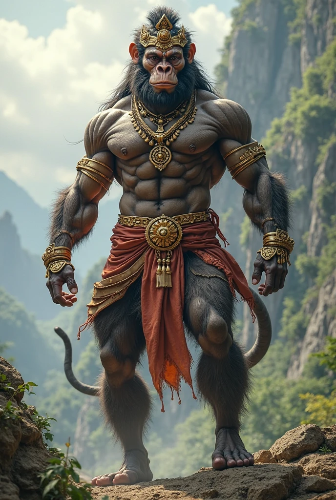 "A highly detailed and high-definition image of Lord Hanuman standing on a stone. He has a powerful, muscular body and blue, intense eyes that give him a real and divine appearance. He is wearing a Rudraksh necklace around his neck and also on his wrists. His tail is visible, and he is holding a Gada (mace) in one hand. Hanuman Ji appears in his traditional monkey-like form, exuding strength and divinity. The image should be of the highest quality and capture the essence of the revered deity."