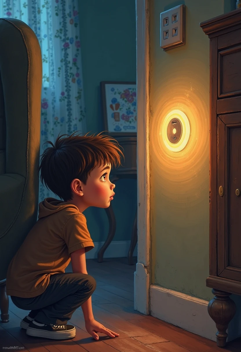 child in his room holding an imaginary object with his hands. But his hands are empty he is pointing the toy at the wall. as if it were a projector. he looks happy. he is away from the wall 

