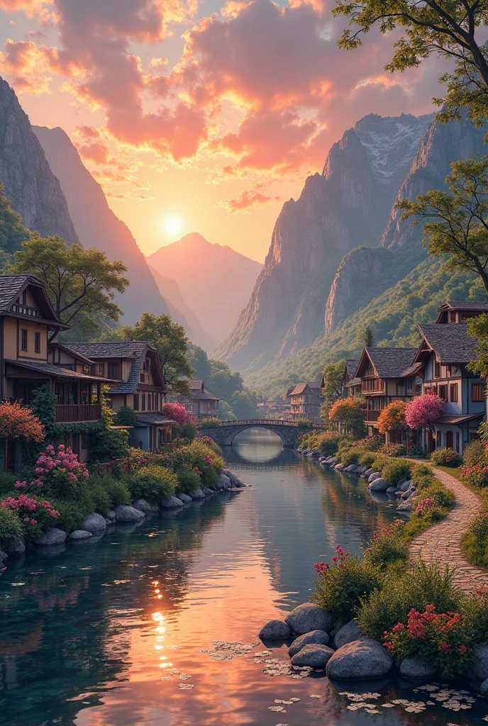 a small village by the river, mountains in the background, floral flowers colorful, detailed landscape, Beautiful natural landscapes, atmospheric lighting, scorching sunset, warm colours, practical, photopractical, Detailed Foliage, complex buildings, cobblestone street, Charming country house, swirly vibrant colors, lush vegetation, Still water reflections, Picturesque, idyllic, work of art, best qualityer, 8k, extremely detaild,anime styling