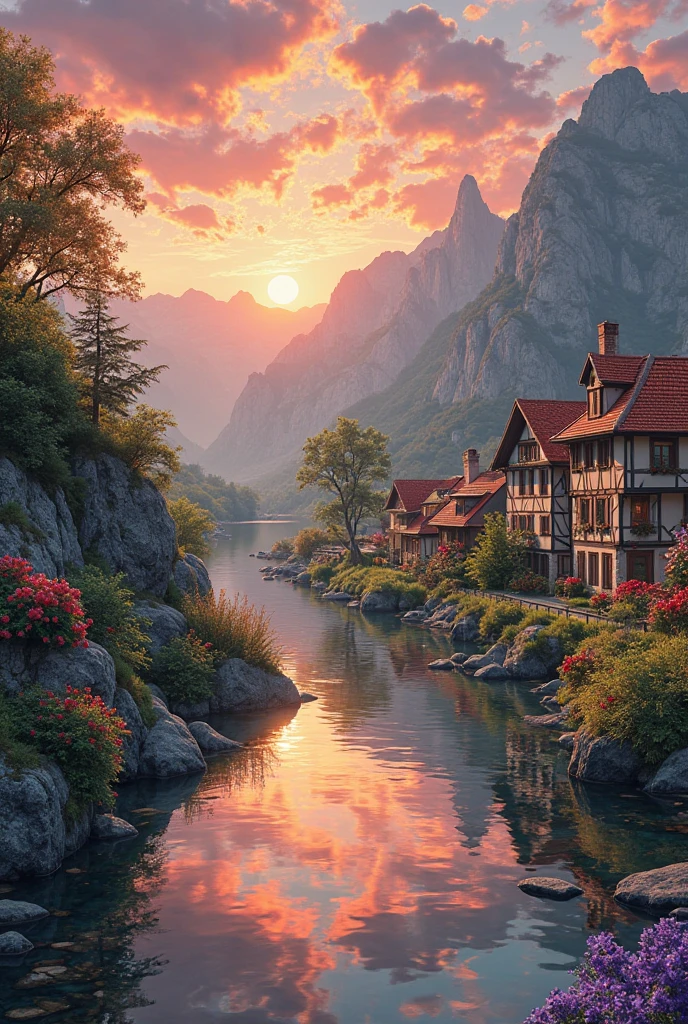 a small village by the river, mountains in the background, floral flowers colorful, detailed landscape, Beautiful natural landscapes, atmospheric lighting, scorching sunset, warm colours, practical, photopractical, Detailed Foliage, complex buildings, cobblestone street, Charming country house, swirly vibrant colors, lush vegetation, Still water reflections, Picturesque, idyllic, work of art, best qualityer, 8k, extremely detaild,anime styling