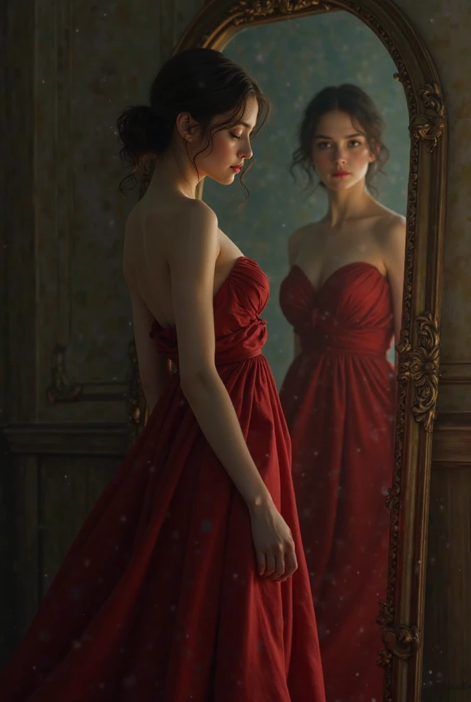 The girl is standing in front of a mirror,  wearing an elegant red dress . She is seen with a melancholic expression, as if she had a feeling that that night would be her farewell.”