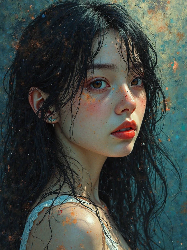 girl, tusandra solo, abstract expressionism, feet out of frame, hair between eyes, long hair, tongue out, abstractionism, masterpiece, anatomically correcthigh quality, detailed, intricate, exquisitely detailed, hyper realistic, photorealistic, masterpiece, award winning, digital art, 8k, 4ksurreal, dreamlike, ethereal, atmospheric, glowing, dramatic lighting, moody, cinematic, chiaroscuroabstract art, modern art, contemporary art, expressionism, impressionism, surrealism, avant-gardedigital painting, digital illustration, mixed mediaelegant, graceful, enigmatic, whimsical, mysterious, evocativevivid colors, vibrant colors, rich colors, dynamic color palette, cinematic color grading