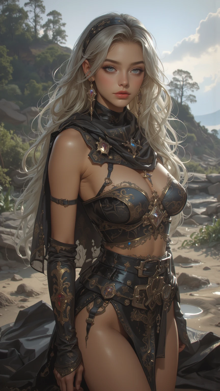 photorealistic, high resolution, soft light,1women, solo, hips up, look at viewer, (detailed face), long hair, blonde hair, covered eyes, eyes mask, blindfirekeeper, medium breasts, curvy, black dress, black capelet, bandaged arm, tattoo, jewelry