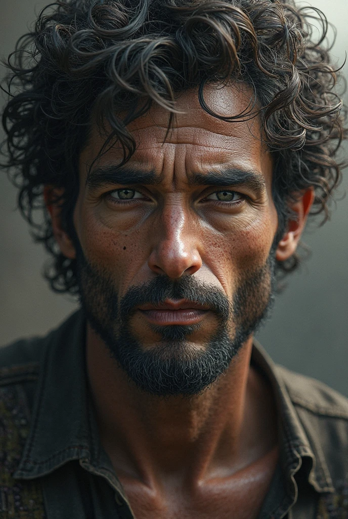 A man with his left eye has a relaxed eyelid and his right eye is blind. His hair is curly and thick 