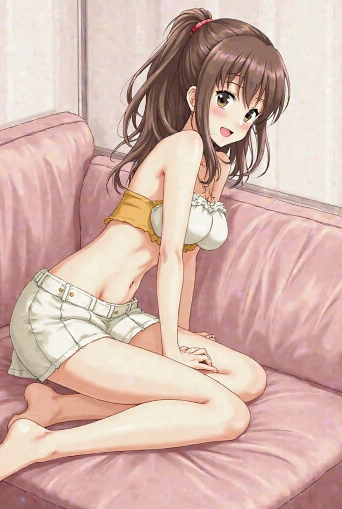 (masterpiece, best quality, very aesthetic, ultra detailed), intricate details, 4k, aajupiter, long hair, brown hair, ponytail, hair bobbles, earrings, green eyes, ribbed sweater, sweater dress, sleeveless, turtleneck, shoulder bag, smile, night, sitting on sofa, spread legs, lace panties, cameltoe, hand on breast, masturbation, sweater lift, wet skin, aroused, seductive,