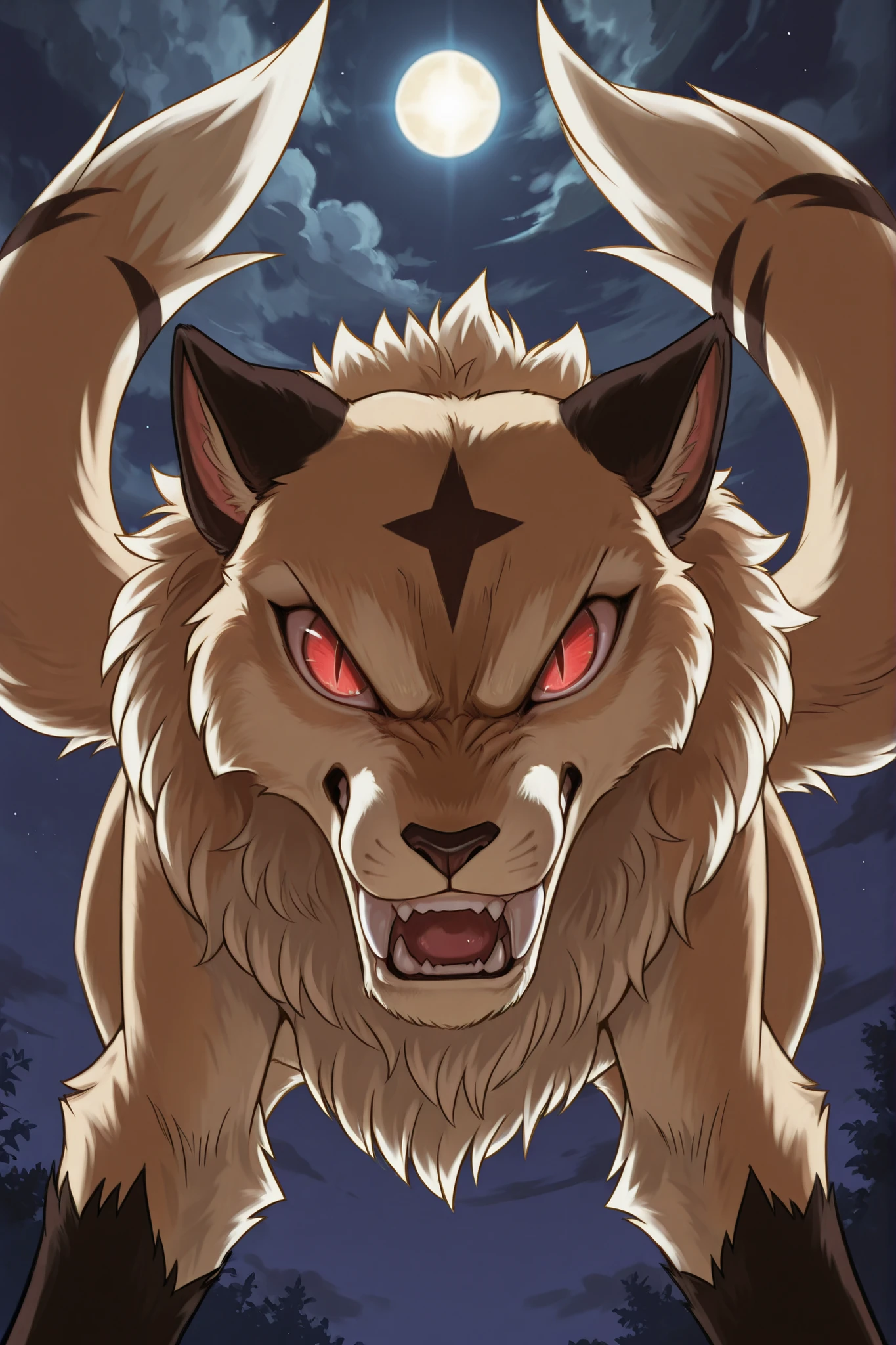 Kirara (transformed), solo, no humans, slit pupils, fangs out, red eyes, tan fur, two tails, black diamond mark on head, detailed fur, detailed teeth, looking at viewer, front view, open mouth, snarling, angry, nighttime, backlighting