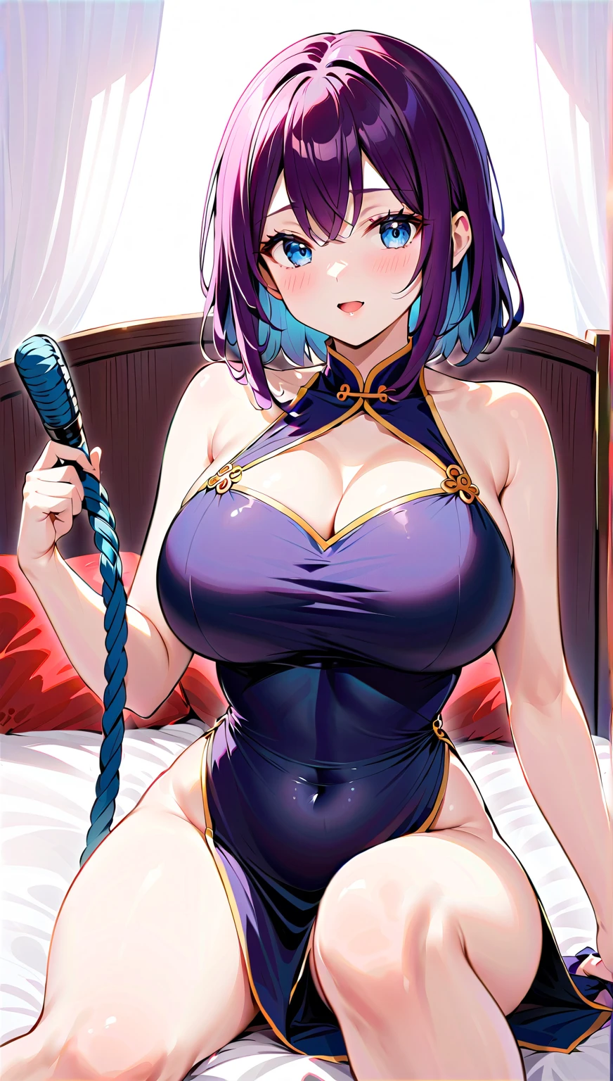 Create a digital artwork of a voluptuous female character with massive breasts in an anime-inspired style. The character should have long, flowing purple hair and large, expressive purple eyes. She should be wearing very revealing white lingerie accentuates her curves. The art style should be a blend of anime and semi-realism, with: Smooth, detailed shading: Use gradients to create depth and volume in the character's form. Sharp, precise line work: Clean lines to define the character's features and outfit. Realistic lighting effects: Emphasize the reflective quality of the whole outfit with highlights and glossy reflections. Soft, ambient background: Set the scene in a normal bedroom, the character sitting on her bed. The background should have a soft, romantic glow with bokeh effects to enhance the dreamy atmosphere. Color vibrancy: Use rich, vibrant colors for the character and background to make the image pop. Ensure the character's expression is slightly open-mouthed, giving a seductive and confident look. The overall mood should be bold and captivating, with a high level of detail and polish in the final artwork.