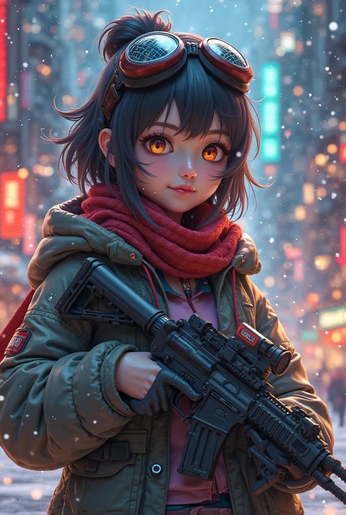 (extremely detailed CG unity 8k wallpaper),(masterpiece), (best quality), (ultra-detailed), (best illustration),(best shadow), city background, ,BREAK ,  P90christmas, eyewear on head, , 