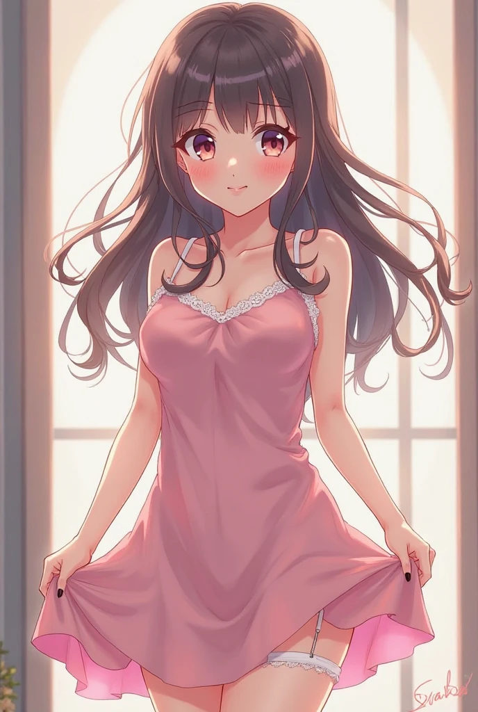 beautiful illustrations, highest quality, pretty girl, 1girl, Bedroom, pastel colour, (two-separated lingerie), reddish brown long hair, headband, cute lingerie, bright lighting