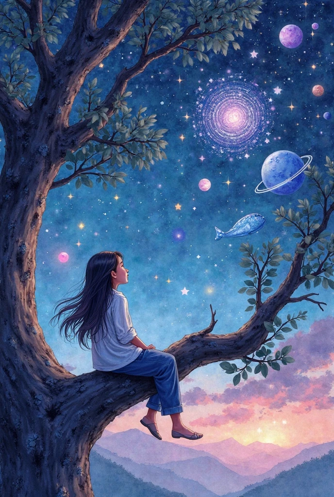 
Description of a watercolor image:

An image painted in watercolor style showing a girl sitting on a thick branch of a tree,  looking up at the night sky . The girl has long hair that flows with the wind and wears loose and comfortable clothes, like a white blouse and blue pants. full of dark leaves and occupies the first plane, while the night sky occupies most of the tree image.

In the sky there are a large number of bright stars, colorful planets of different sizes ( some with cosmic purple ), and several blue whales floating gently between the constellations as if they were swimming in the sky. One of the constellations forms a special figure: a large star made entirely of smaller stars, shining with a magical silver light. The general atmosphere is serene, dreamlike and full of wonder, with soft but vibrant colors typical of watercolor:  deep blue ,  purple , touches of pink and luminous white for the stars.

