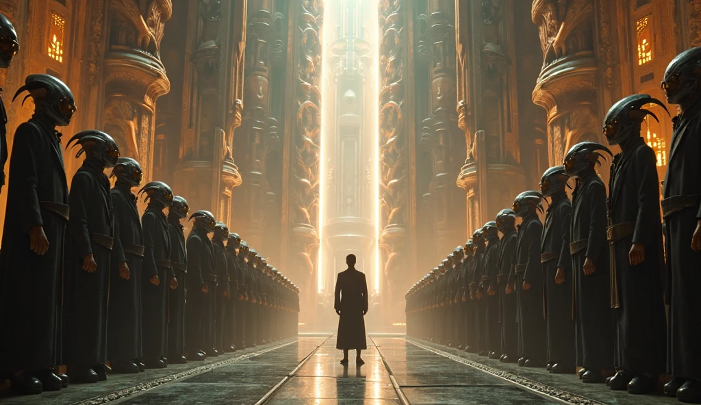 Inside a grand alien throne room, towering and adorned with strange glowing architecture, a circle of powerful alien leaders sneer in arrogance. In the center, a lone human stands—scarred, armored, calm. They're small in comparison, but unshaken. The atmosphere is heavy with silence. One of the aliens has just finished laughing. The human looks up, eyes burning with quiet fury, and speaks: “We will give you war.” The moment is frozen—seconds before chaos erupts. High-detail environment, dramatic low lighting, reflections on polished alien surfaces, and a cinematic depth of field that captures the scale and tension.

