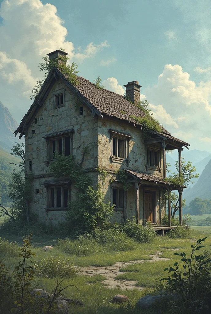 Create a ruined cantonier house in the countryside