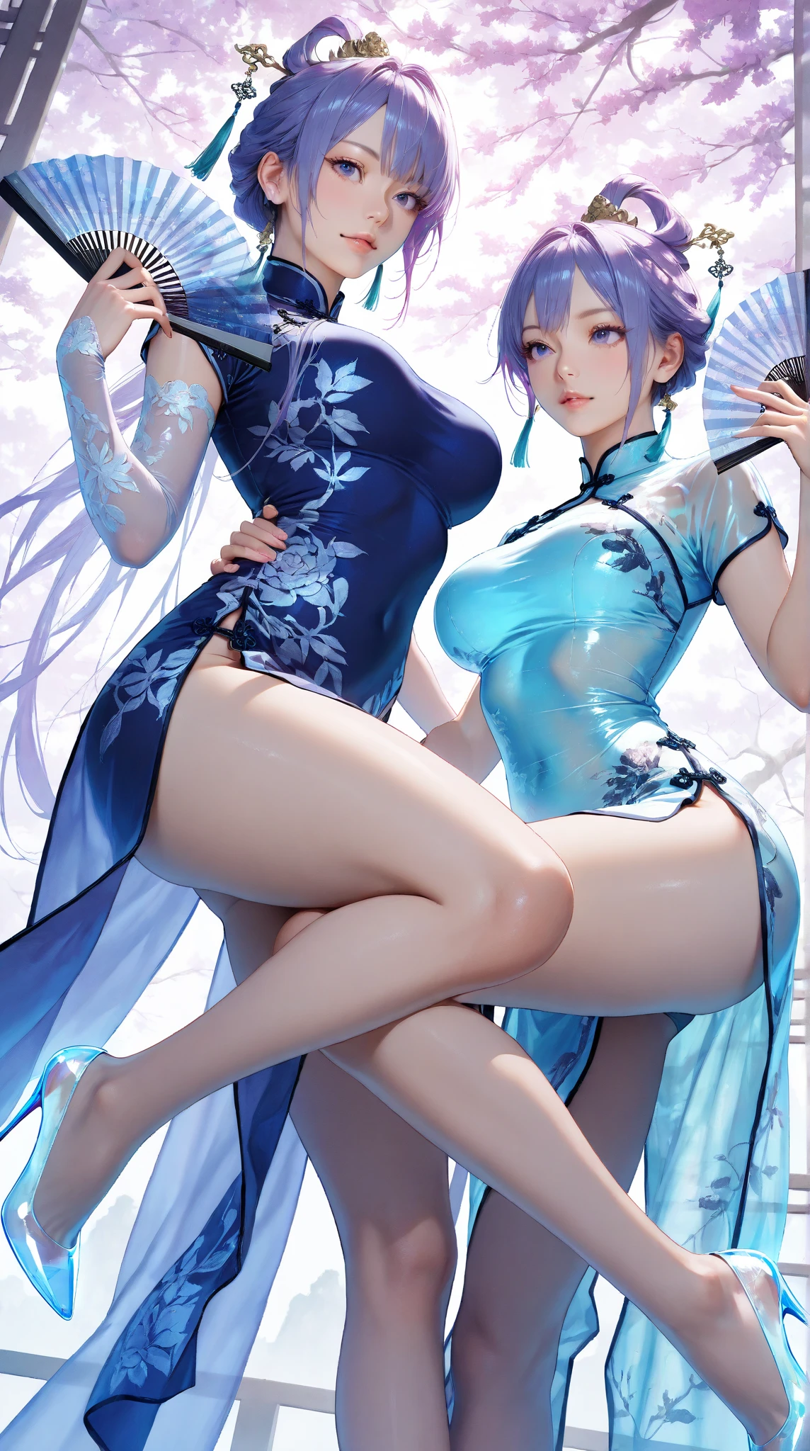 Realistic,2 girls,gray hair,black hair,Chinese Girl,purple eye,shining eyes of light,cut the top,skirt,parted lips,face turns red,night,fresh flowers,sun,rays of sunhine,on top of the cheongsam,mature woman,mature,