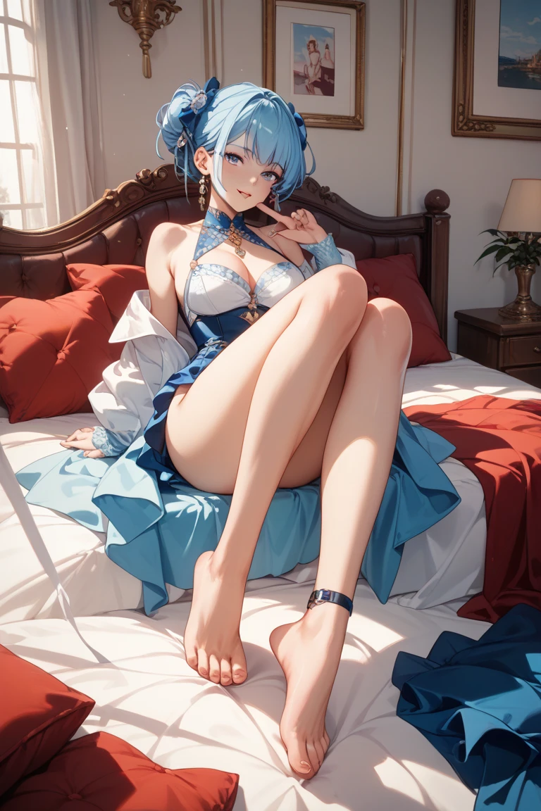 (masterpiece, best quality), 1girl, blue hair hair, super small lace thong, bedroom, striped thighhighs, big tits, super micro small luxurious dress, detailed lines and color