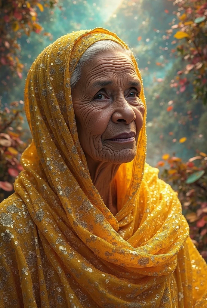a post African "GrandMa" hijab made of sparkling gold.  background is beautiful magical place 