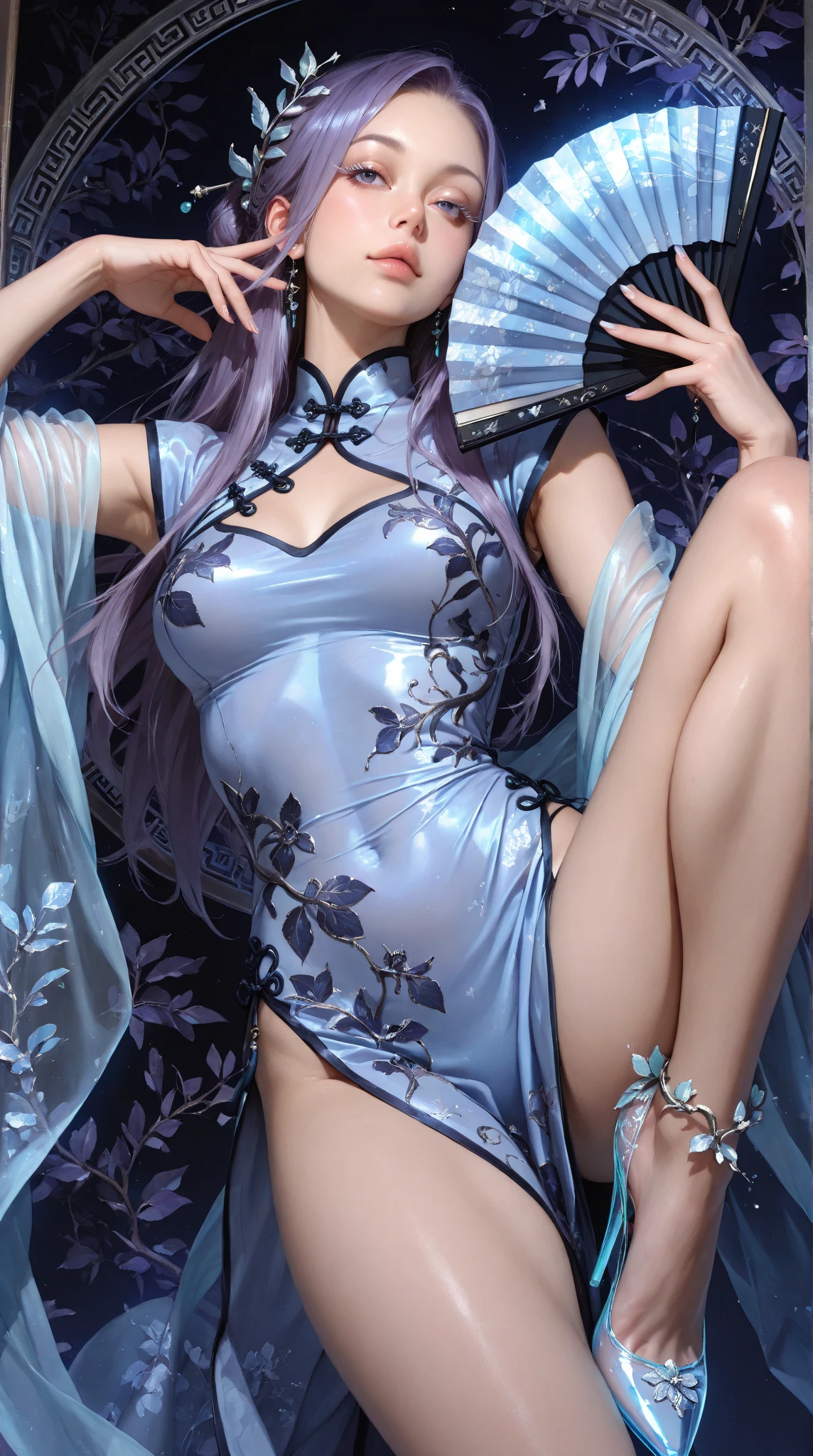 (photorealistic:1.8, highest quality:1.8,8K masterpiece:1.8,High resolution,muste piece:1.8,RAW Photos,cinematic lighting,red and purple dream colors),one goddess、(two-tone armored dress、slit mini skirt、choker、knee high stockings、loafer shoes、Cleavage cut,),(detailed blue eyes:1.7,double eyelid:1.6,Shining beautiful skin), (looking at the camera:1.5),(whole body,Photo seen from below:1.5),( midium Hair:1.2,Beautiful shining blue lime colored hair:1.5), expression(Impish Smile:1.3,face turns red:1.3),(Moderate chest:1.3), Pause(stand with legs apart,Seductive pose:1.5), background(Bright forest with blooming flowers),nipples are visible、(detailed perfect face),anatomically correct,correct move:1.5,correct foot:1.5,4 fingers and 1 thumb in correct proportions,(cameltoe),No split screen,slender abs:1.2,highly detailed skin:1.2,(Young sensual gravure idol)