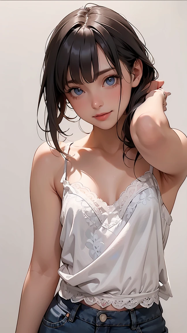 High resolution, Highest quality, super high quality, Ultra-detailed, Cinematic lighting、living room、Swimsuit、、Embarrassing、Sweaty、Sweat、Eyes from below、Girl seen from the floor、Low angle、 See through、