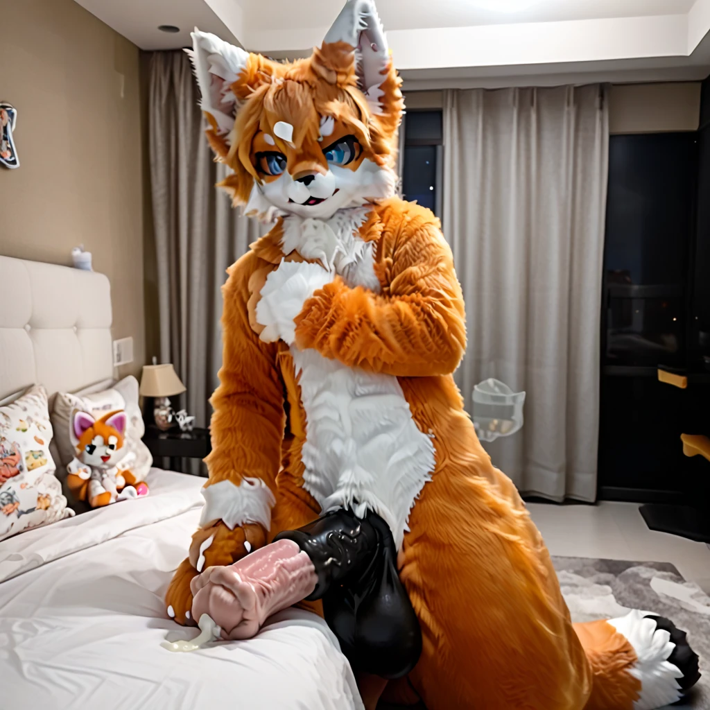 (Furry、Cheetah Boy)Naked、I'm showing my stomach、Yellow fluffy fur、cat penis、Black spots、Lying in bed、From the viewpoint