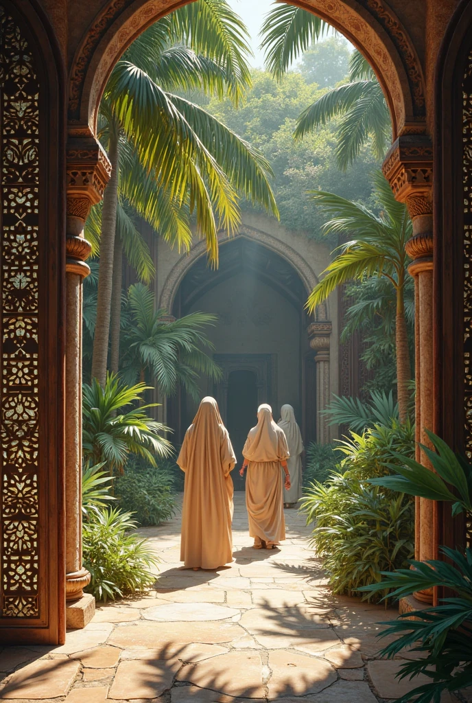 Une cours de harem cloisonné en bois au milieu d'une forêt tropicale 