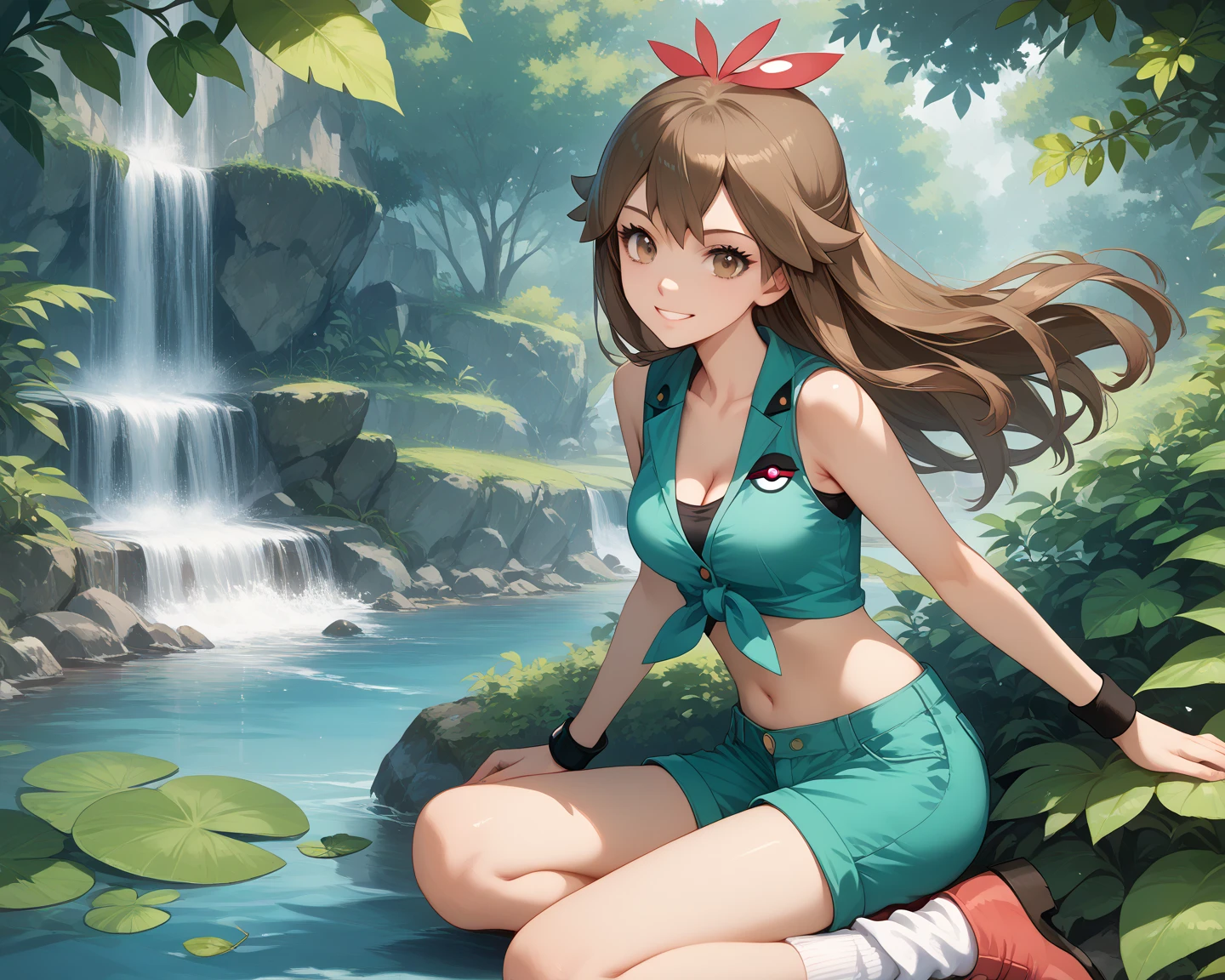 (Highest quality,4K,8k,High resolution,masterpiece:1.2),Very detailed,(Realistic,photoRealistic,photo-Realistic:1.37)High resolution,Portraiture,beautiful girl, Very detailed, Realistic:1.37, sketch, 1 Trainer Leaf 1, whole body, Sleeveless shirt, Black Wristband, I can see your thighs,Red Skirt,greenいシャツ, loose socks, White footwear,Sexy pose,smile,Under the skirt,White panties,Brown Hair, Have, Brown eyes,Beautiful attention to detail,Long eyelashes,Beautiful Eyes, Anime style eyes, Perfect hands, Dynamic pose, Adorable expression, Open your mouth, smile, Feminine charm, Pokéball, Girl climbing a Mayan pyramid, Tropical Jungle, View from below, Detailed facial features, Beautiful Eyes, Detailed lips, Long eyelashes, Very detailed, 8k, photoRealistic, Vibrant colors, Dramatic lighting, Structure of the film, Spectacular landscapes, Overgrown ruins, green々Leaf, Light of the sun, Mysterious atmosphere